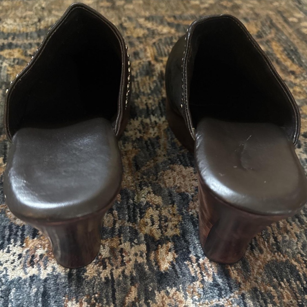 Vintage Black Leather Mules with Copper Wood Heel and Studs - Picture 6 of 7